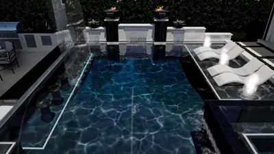 Black-bottom pool with bubblers and a raised spa, white chaises on the tanning shelf, night lighting