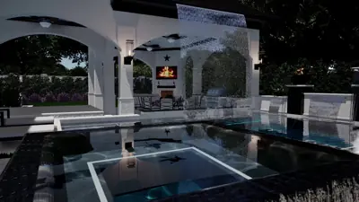 Fire bowls burning on white pedestals at the pool edge, arches reflected in still water