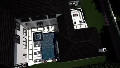 Plan-view aerial of the courtyard pool, spa, loggia and lawn at night