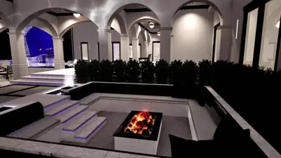 Fire pit close-up, flames over lava rock, white contemporary surround