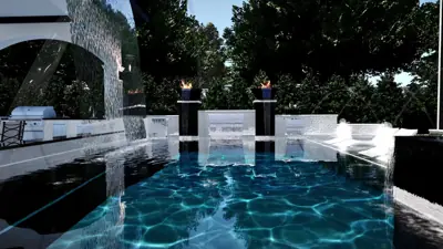 Row of fire bowls on the raised wall reflecting across the pool at night