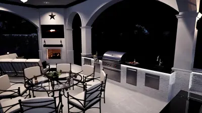 Outdoor kitchen with built-in grill and bar under the arches, TV mounted on the wall
