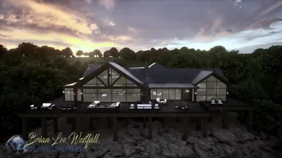 Rear elevation at sunset: glass gables lit from inside, the deck cantilevered over a stone bluff on timber posts