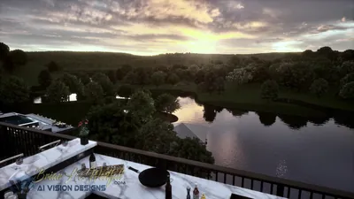 View from the deck bar across the lake at sunset, marble counter and a grill in the foreground