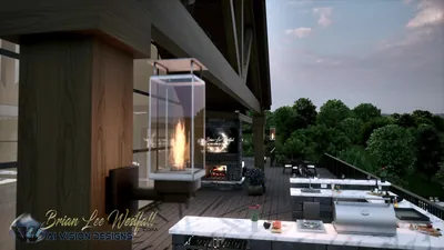 Glass-cased fire lantern beside the outdoor kitchen, built-in grill and marble counter on the deck