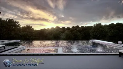 Water-level view across the pool's spillover edge to the lake at sunset, bubblers rising