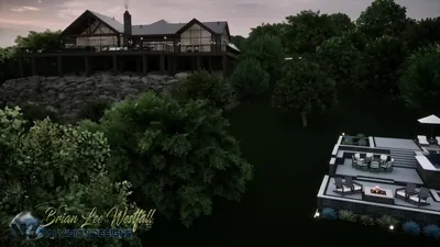 Night aerial over the lodge and treeline to the fire-pit dining court and pool terrace below