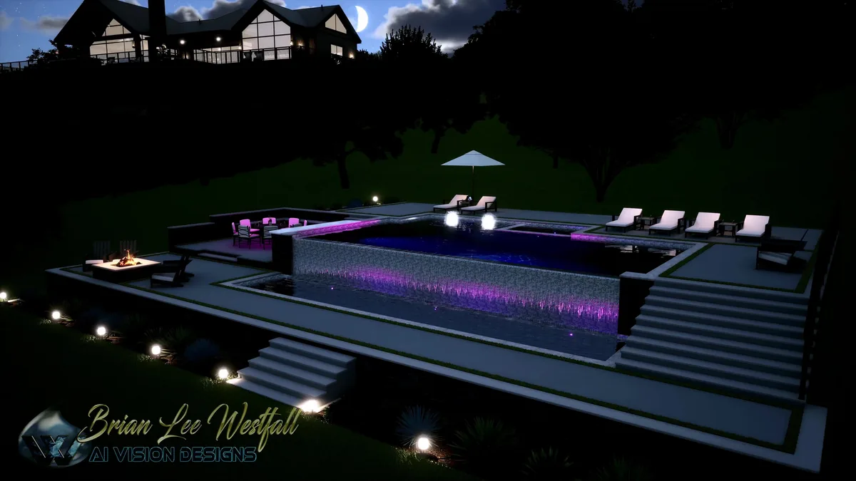 Night aerial over the lodge and treeline to the fire-pit dining court and pool terrace below