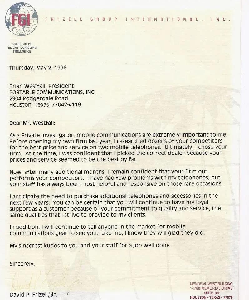 Letter from Frizell Group International, May 2, 1996