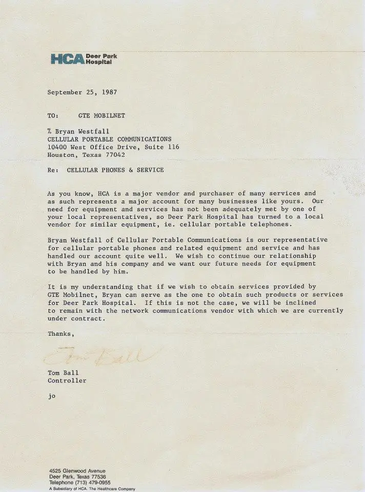 Letter from HCA Deer Park Hospital to GTE Mobilnet, September 25, 1987, demanding Brian Westfall as their exclusive cellular vendor
