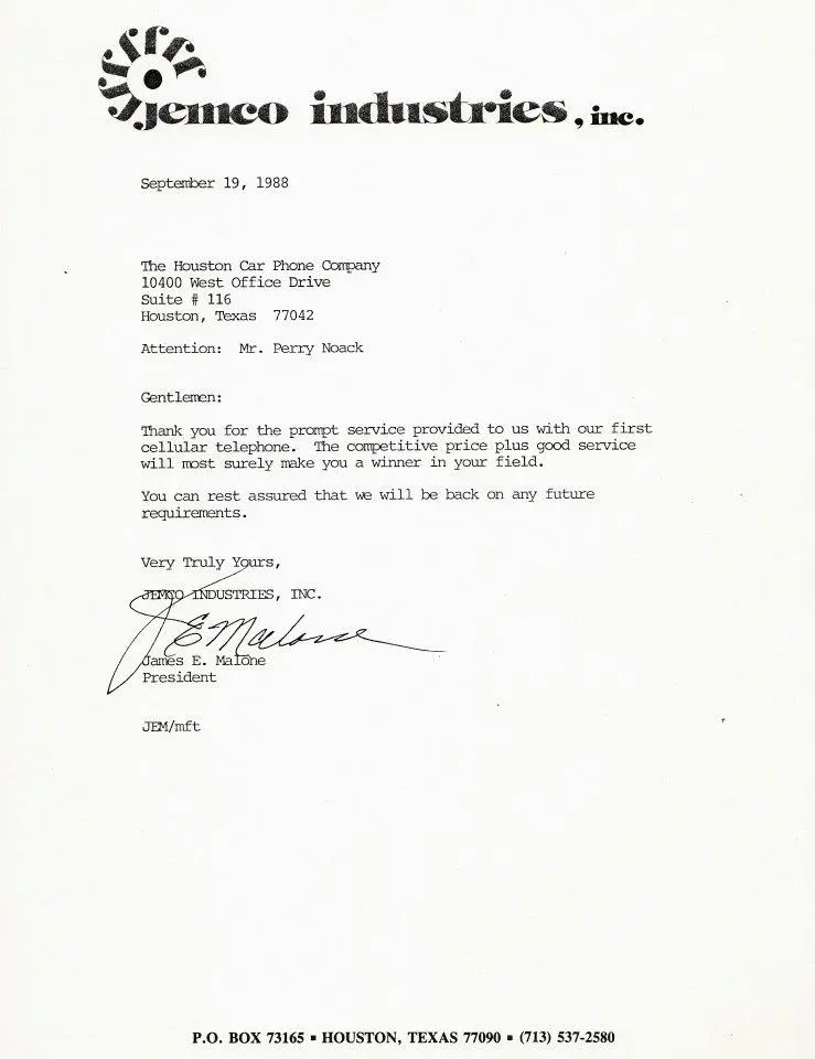 Letter from Jemco Industries, September 19, 1988