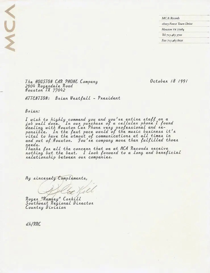Letter from MCA Records Country Division Southwest Regional Director, October 18, 1991