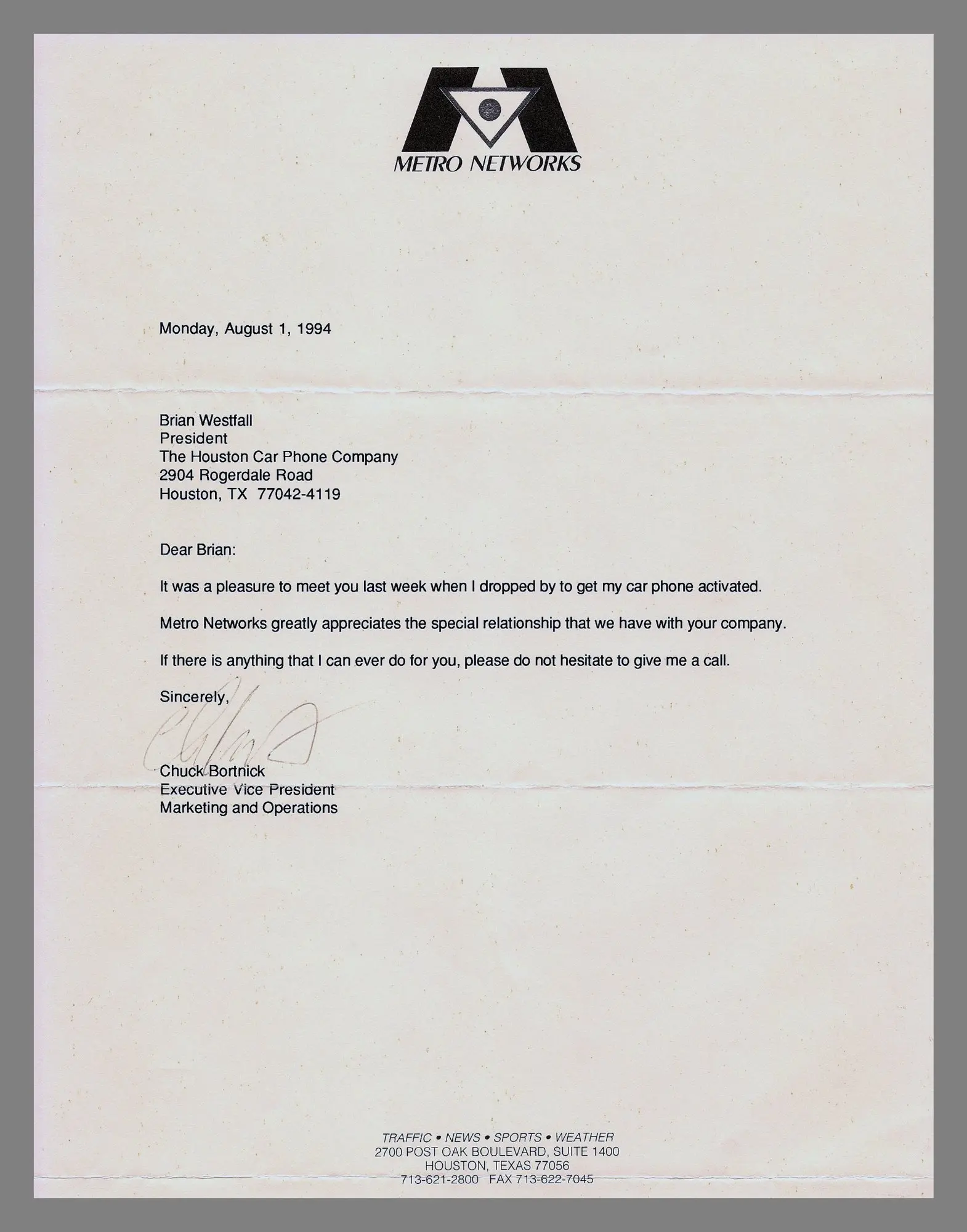 Letter from Metro Networks EVP Chuck Bortnick, August 1, 1994