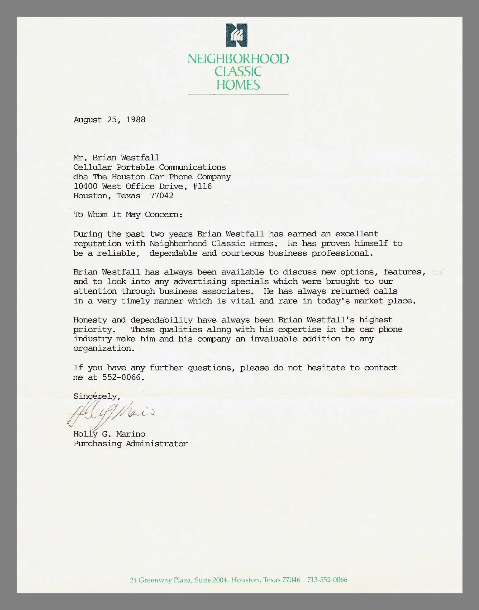 Letter of recommendation from Neighborhood Classic Homes, August 25, 1988