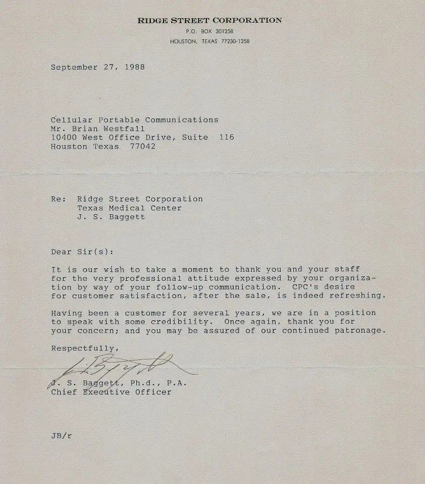 Letter from Ridge Street Corporation CEO, September 27, 1988