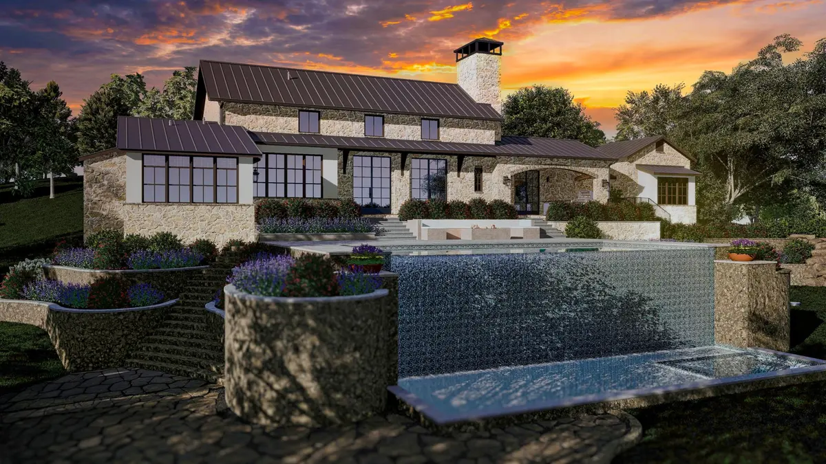 3D rendering of luxury resort-style pool with grotto, waterslide, and tropical landscaping