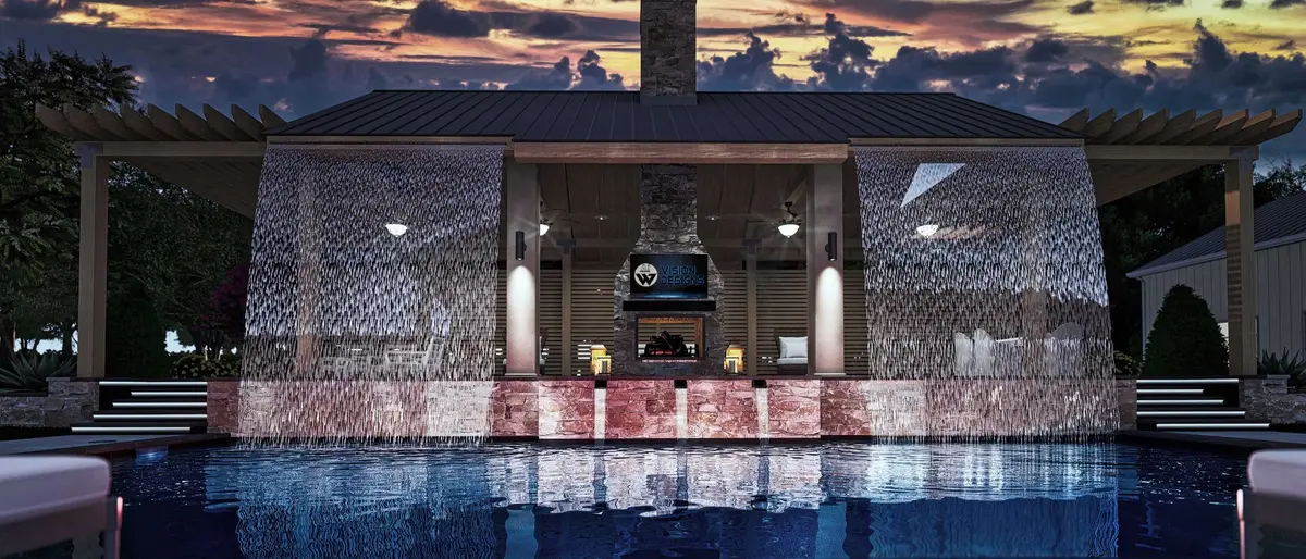 Photorealistic 3D visualization of water curtain cabana with stone fireplace
