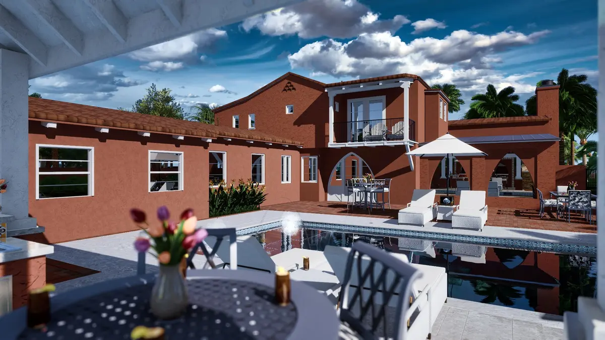 3D visualization of Spanish colonial poolside courtyard with arched walkways