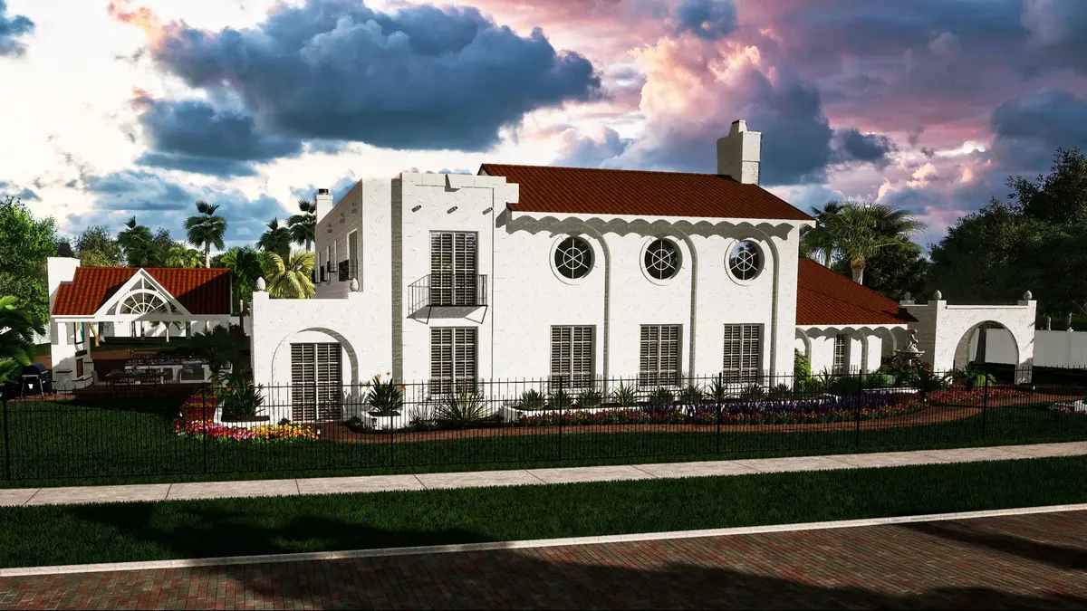 Photorealistic 3D rendering of Mediterranean stucco estate with landscaping