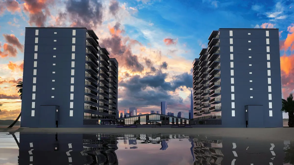 Commercial real estate 3D rendering of modern condo towers with reflection pool
