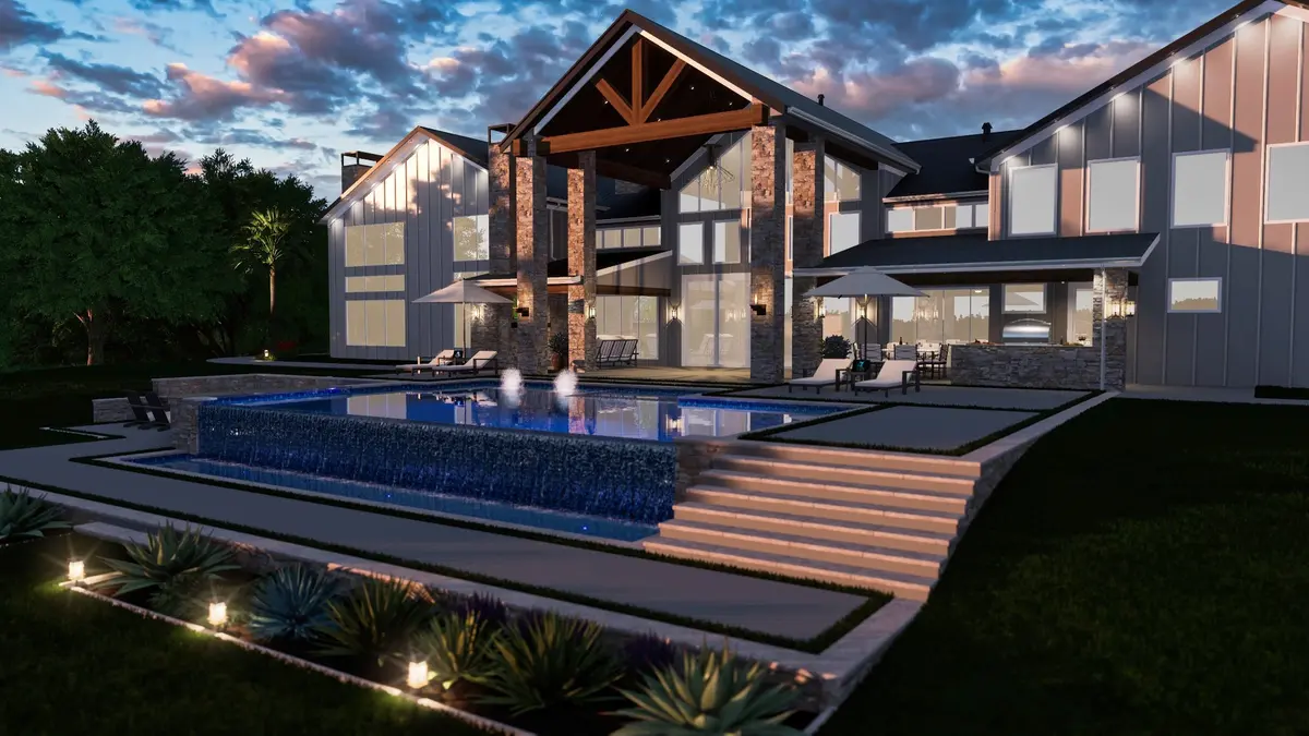 Photorealistic architectural visualization of contemporary hillside home with infinity pool