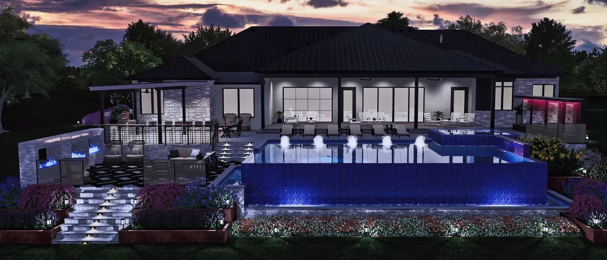 3D visualization of modern backyard with fire bowls and negative edge swimming pool