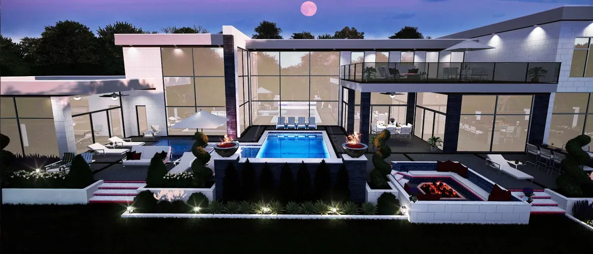 3D rendering of Spanish-style outdoor living space with custom pool and courtyard