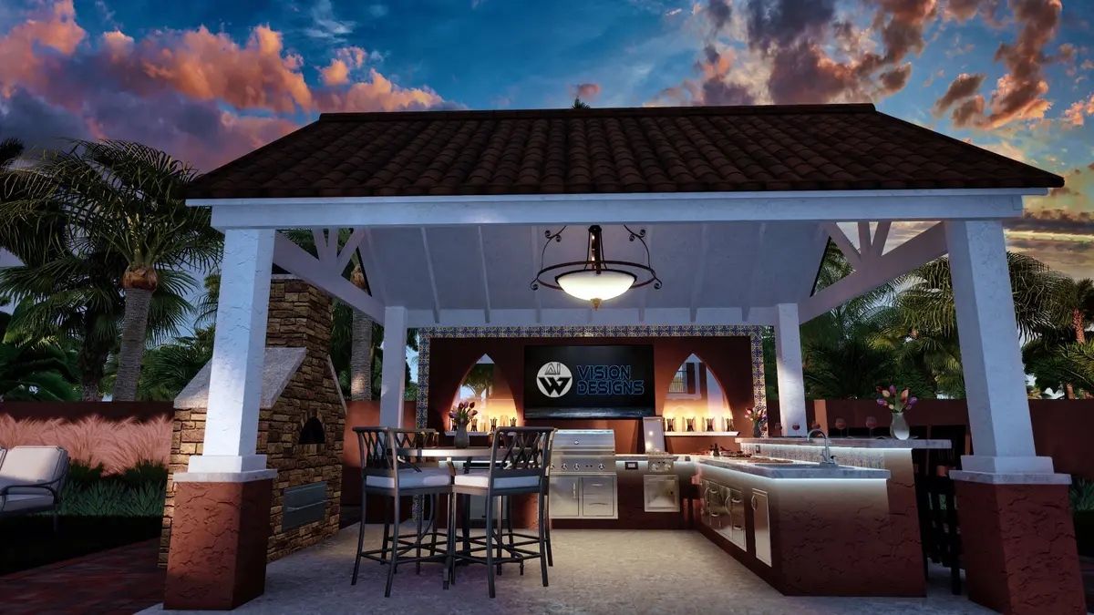 Architectural 3D rendering of Spanish outdoor kitchen pavilion with vaulted ceilings