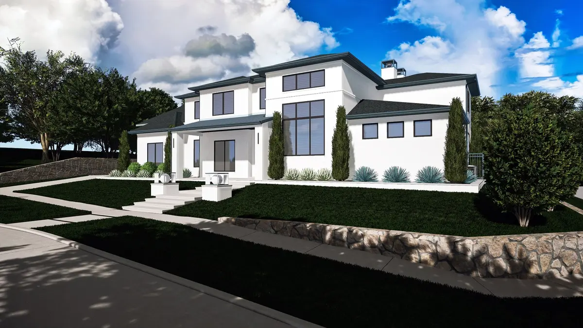 Photorealistic 3D architectural rendering of modern white contemporary home