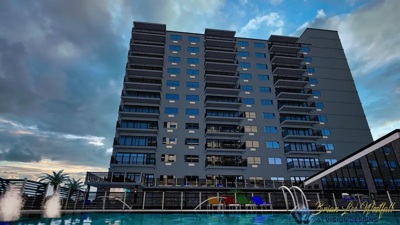 High-rise facade visualization rendered on dual RTX 4090 GPUs